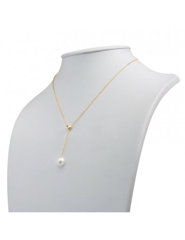 Srebrny pozłacany łańcuszek z delikatnym serduszkiem i prawdziwą białą, owalną perłą R859JCYS
