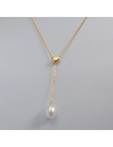 Sterling silver gold plated chain with delicate heart and genuine white oval pearl R859JCYS