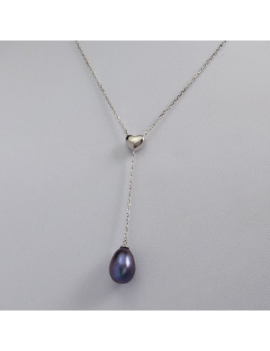 Srebrny łańcuszek z delikatnym serduszkiem i prawdziwą ciemną, owalną perłą R859JCYS