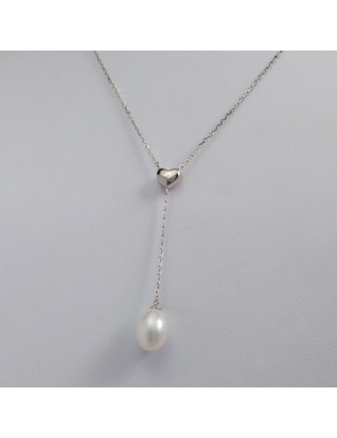Silver chain with delicate heart and genuine white oval pearl R859JCYS