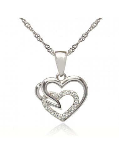 Silver chain with pendant in the shape of two hearts, one decorated with zircons LAN455S