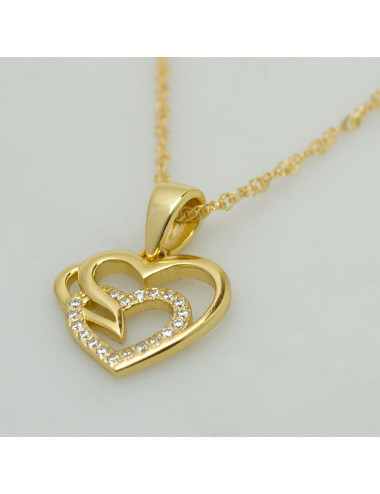 Pozłacany srebrny łańcuszek z zawieszką w kształcie dwóch serc, jedno zdobione cyrkoniami LAN455S