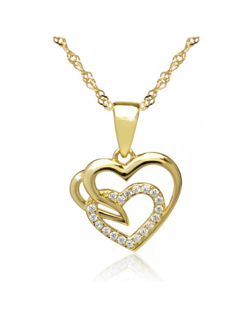 Pozłacany srebrny łańcuszek z zawieszką w kształcie dwóch serc, jedno zdobione cyrkoniami LAN455S