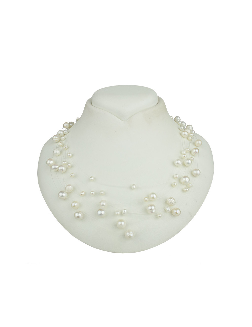 Necklace of white oval freshwater pearls of different sizes, placed on a nylon string NPAJ10S1