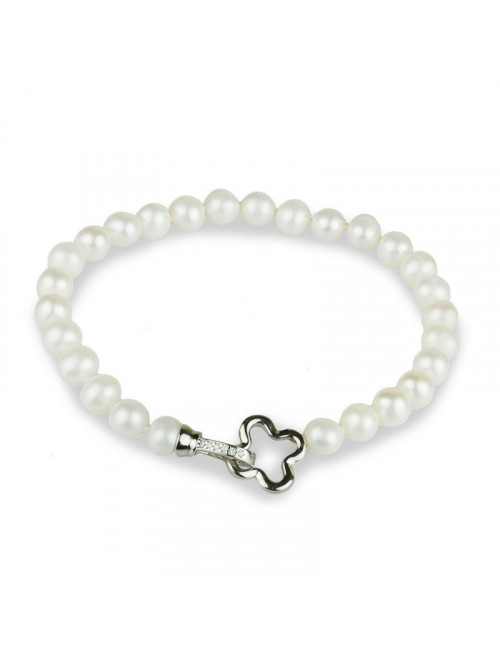 Bracelet of round white pearls with silver clasp decorated with zircons BO1060