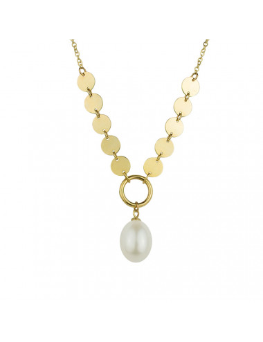 Gold chain with 10 round blanks and a hoop on which hangs a white oval freshwater pearl LAN1190G