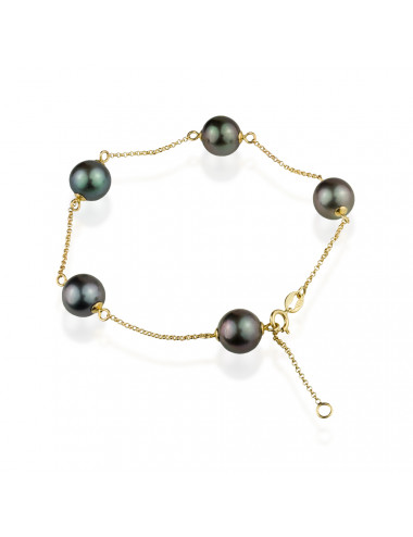 Gold chain bracelet with 5 dark Tahiti pearls, equally spaced from each other BT995G