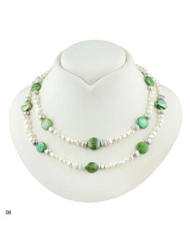 Sznur pereł słodkowodnych, białe oraz szare perły barokowe oraz płaskie zielone, wzór nr 8, NMIXPZ