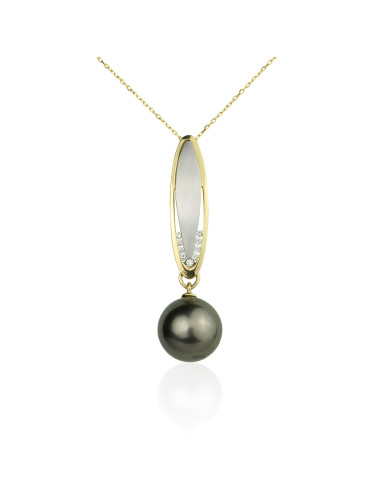 Gold chain with pendant adorned with 9 diamonds, topped with a large dark Tahiti pearl YAP202G18z