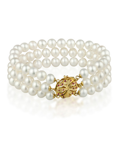 3-rzędowa bransoleta z białych, okrągłych pereł z dużym, złotym zapięciem zdobionym rubinami B0657GX3