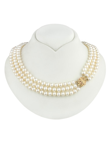3-row white round pearl necklace with large gold clasp adorned with rubies NO0657GX3