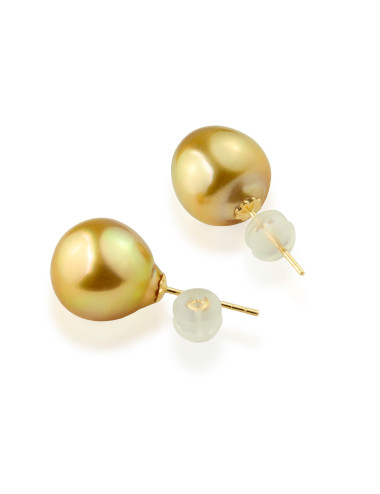 Gold post earrings with South Sea pearls of baroque shape and natural gold color KbSS1011G