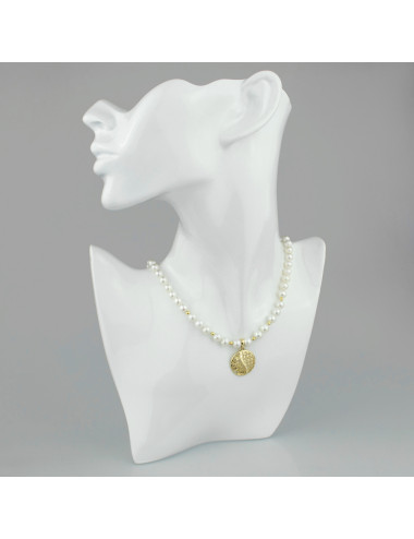White pearl necklace with unique gold openwork pendant and tiny gold balls NW6070G3