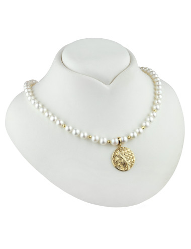 White pearl necklace with unique gold openwork pendant and tiny gold balls NW6070G3