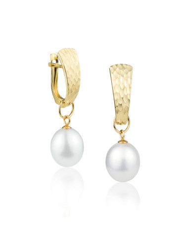 Gold earrings with diamond pattern and large freshwater pearl KDT-G