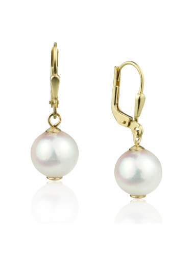 Gold earrings with English clasp with suspended large Akoya pearls KA9095G