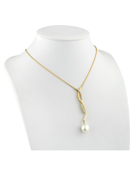 Gold chain with a long braided pendant decorated with diamonds, ending with a large white pearl N0858G