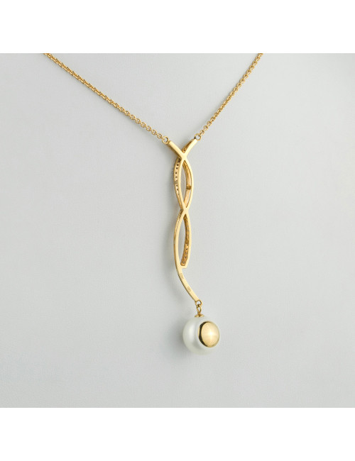 Gold chain with a long braided pendant decorated with diamonds, ending with a large white pearl N0858G