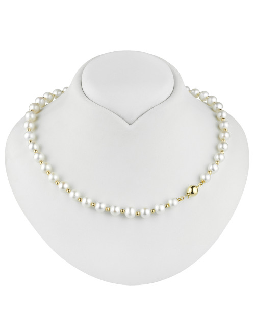 Necklace of alternating strung white freshwater pearls and gold balls N089G3