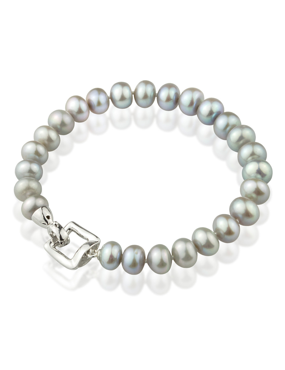Bracelet of grey 3/4 round pearls with silver snap clasp- openwork square BO89Z626S