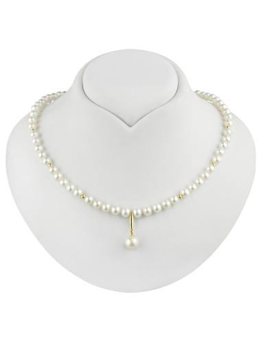 Naszyjnik z białych pereł i złotych elementów zwieńczony podłużną zawieszką z perłą N67+KuG3