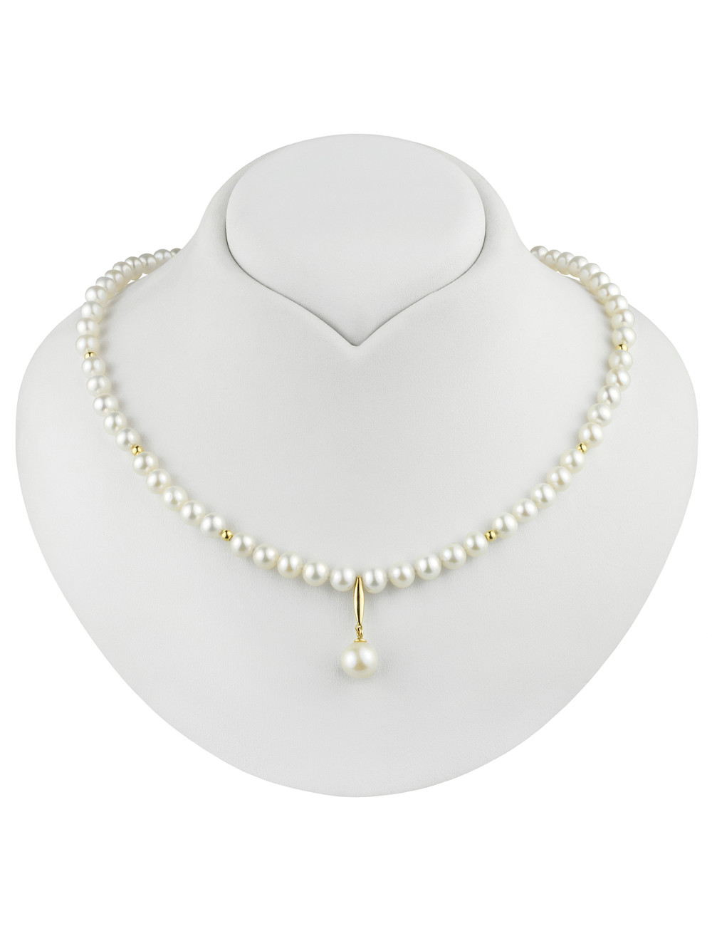 Naszyjnik z białych pereł i złotych elementów zwieńczony podłużną zawieszką z perłą N67+KuG3
