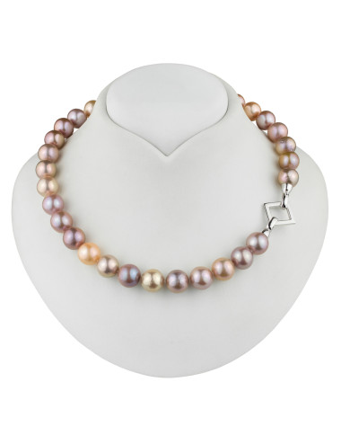 Edison pink round pearl necklace with silver clasp- openwork square with clasps NE1112S3