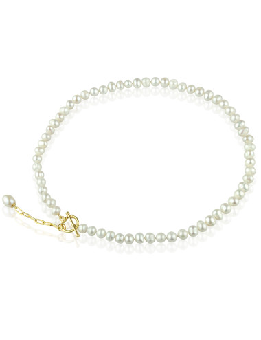 Necklace of white pearls and gold-plated interleaved clasp with attached chain decorated with oval pearl N6070GPLAN
