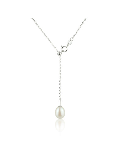 Srebrny łańcuszek o delikatnym splocie z wisiorkiem- owalną białą perłą słodkowodną na patyczku  LanP7580S