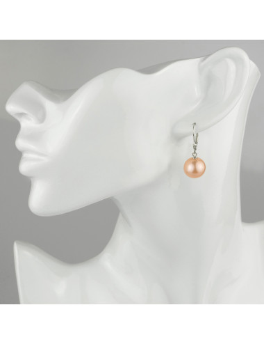 Silver earrings with English clasp and round salmon-colored large-diameter Edison pearls KE1213S