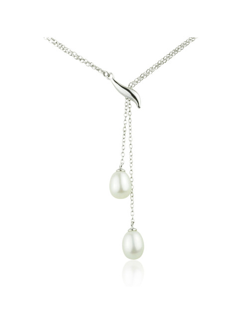 Podwójny srebrny łańcuszek z zapinką i białymi perłami słodkowodnymi YA438S