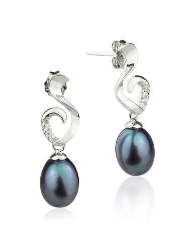 Subtle earrings with cubic zirconia and dark pearl KSc7080S