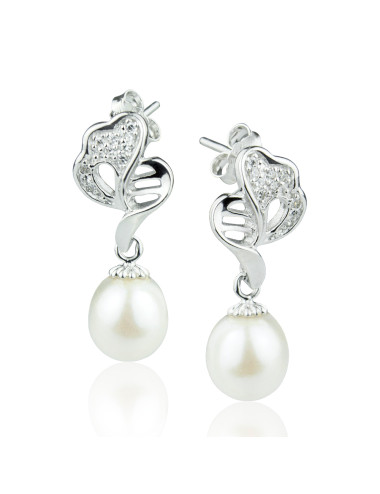 Silver earrings with openwork oak leaf, cubic zirconia and suspended white pearl KYA1012S
