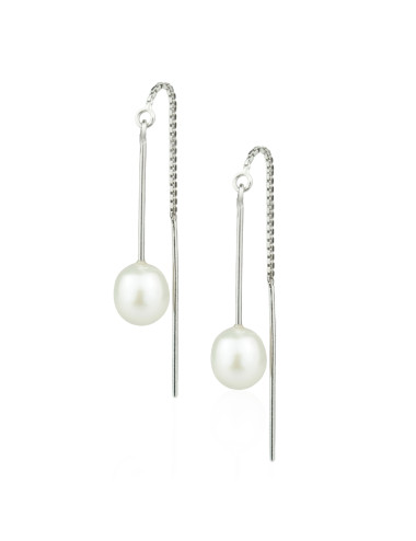 Srebrne wiszące kolczyki ze średniej wielkości owalnymi, białymi perłami KW7080S
