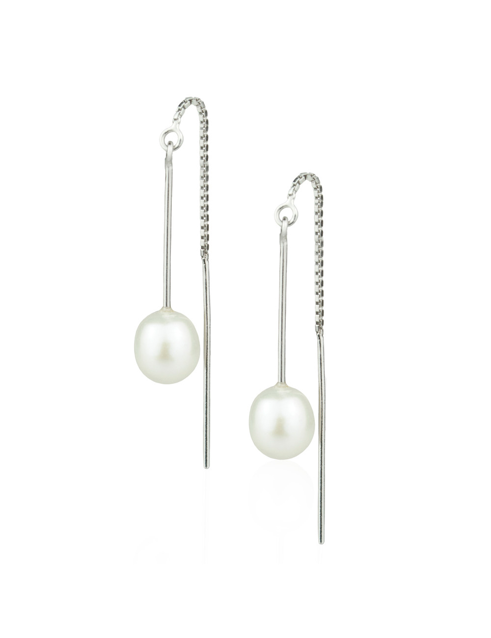Srebrne wiszące kolczyki ze średniej wielkości owalnymi, białymi perłami KW7080S