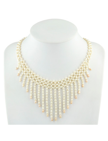 Fine oval white pearl necklace with tassels topped with salmon pearls KOLw01S
