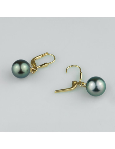 Gold earrings with English clasp and large dark green Tahiti pearl KT9095G