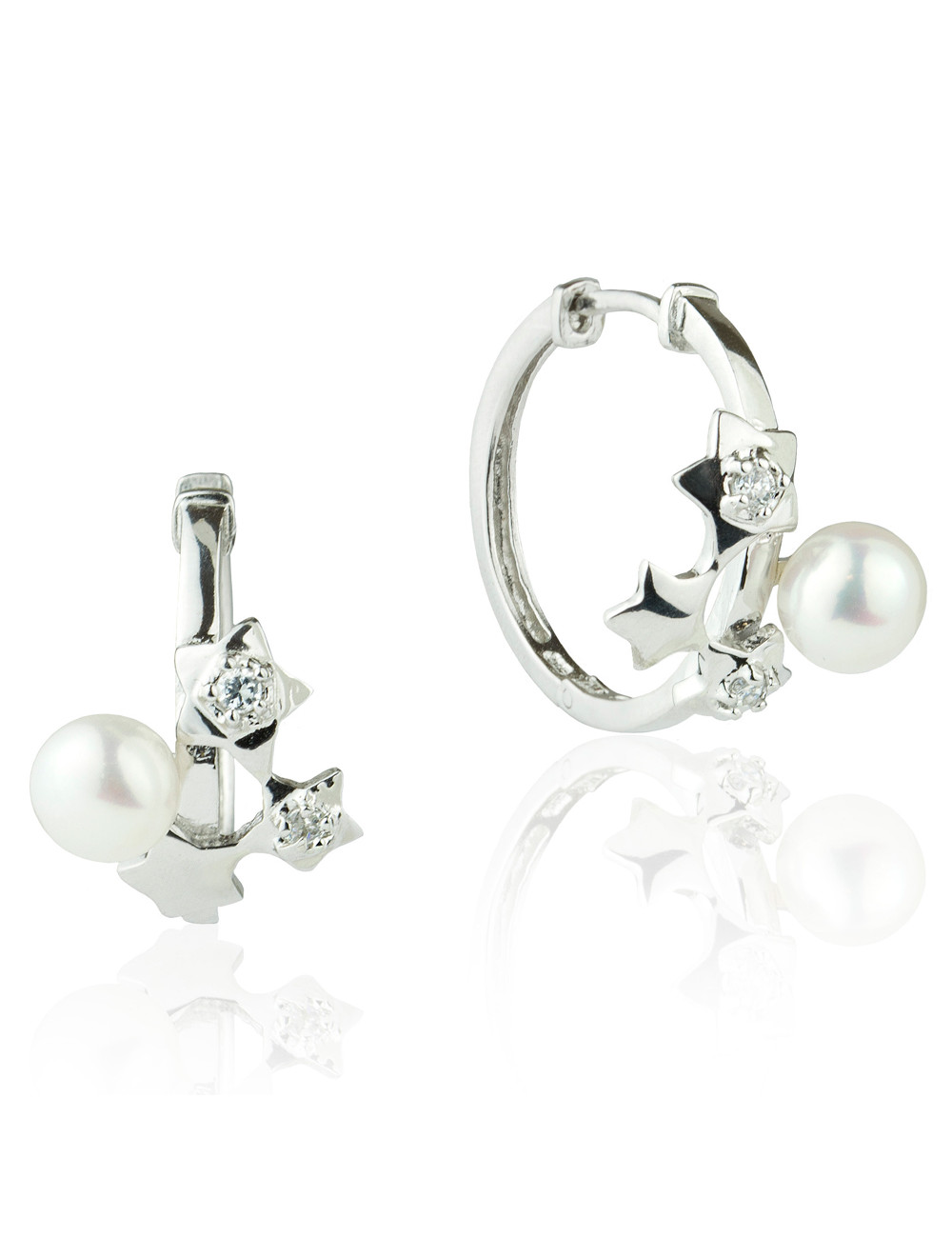 Circle earrings with three stars adorned with cubic zirconia and 3/4 round white pearl YA704S