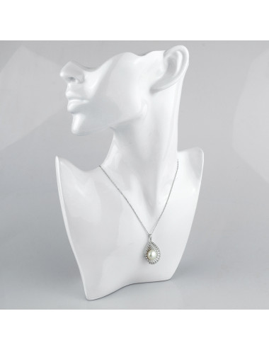 Openwork pendant in the shape of a teardrop surrounded by zircons, with a white freshwater pearl inside LANW1112S