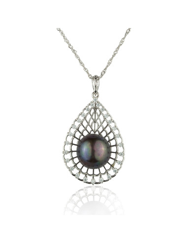 Ażurowy wisior w kształcie łezki otoczonej cyrkoniami, z umieszczoną wewnątrz ciemną perłą słodkowodną LANW1112S