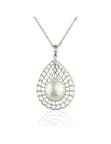 Ażurowy wisior w kształcie łezki otoczonej cyrkoniami, z umieszczoną wewnątrz białą perłą słodkowodną LANW1112S