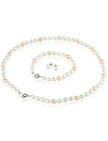 Komplet biżuterii- białe kolczyki sztyfty oraz bransoletka i naszyjnik z białych i różowych owalnych pereł K5565S