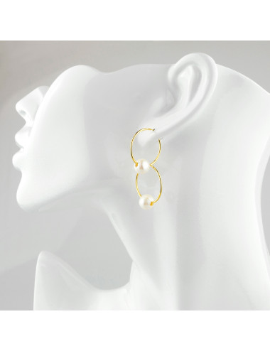 Gold-plated circle earrings with interposed white oval freshwater pearl KE8590SGP