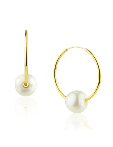 Gold-plated circle earrings with interposed white oval freshwater pearl KE8590SGP