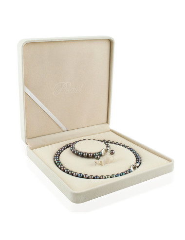 Dark pearl set: necklace and bracelet with large snap hooks and post earrings K8085S3