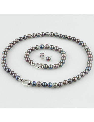 Dark pearl set: necklace and bracelet with large snap hooks and post earrings K8085S3
