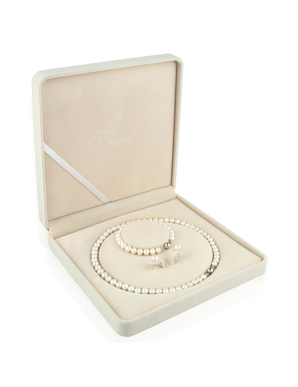 Naszyjnik, bransoletka oraz kolczyki sztyfty z połyskującymi białymi perłami i srebrnymi zapięciami K6575S3