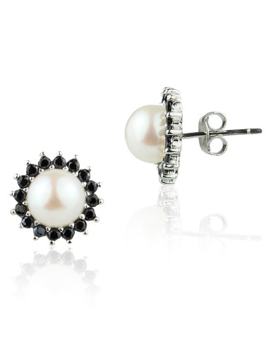 Silver post earrings with white pearls surrounded by black zircons EYA052S