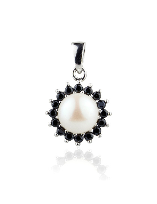 Silver pendant with white pearl surrounded by black zircons PYA052S