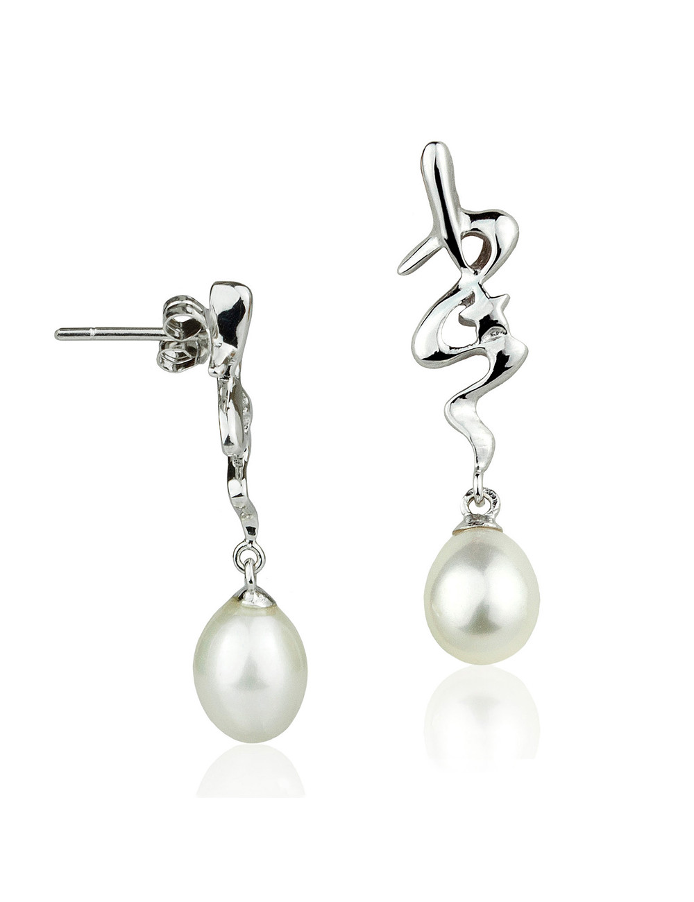 Silver ribbon earrings decorated with a star, topped with oval white freshwater pearls SE0919S
